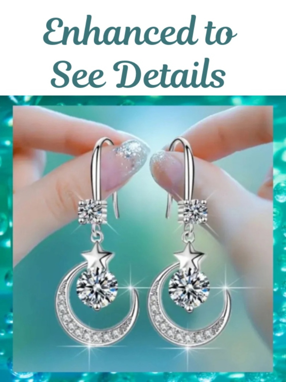 Silver Plated Star and Moon Earrings-  With White Man Made Sapphire - New W/Tags